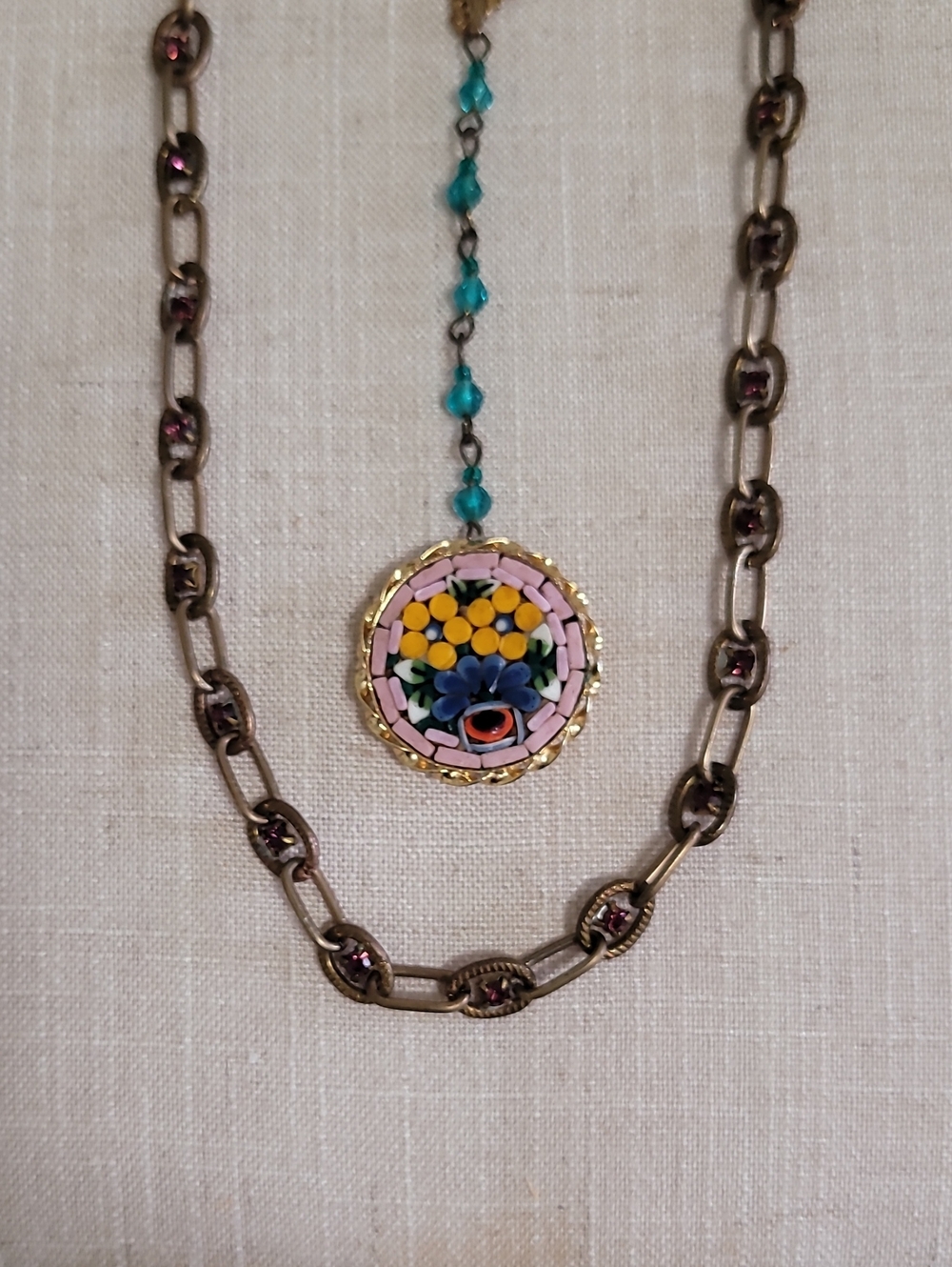 Set Of Floral Millefiori Glass Pendant Necklace with Chain